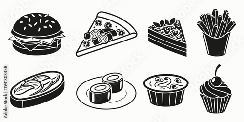 Assorted delicious foods including pizza, cake, and ice cream