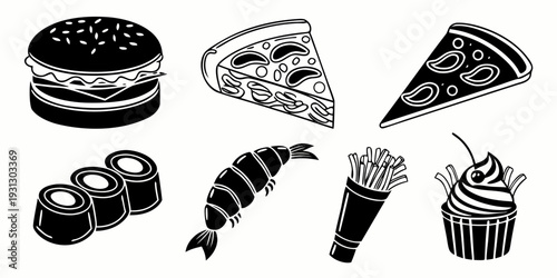 Assorted delicious food items including pizza, burger, and ice cream.