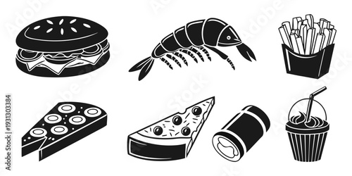 Assorted food items including pizza, sushi, and various snacks.