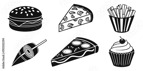 A delightful assortment of six different desserts, including a cupcake, a slice of pizza, a burger, a slice of pie, a slice of cake, and a slice of cheesecake.