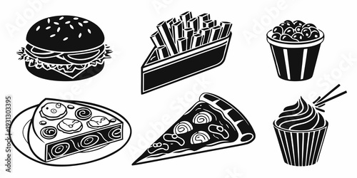 A delightful assortment of desserts and snacks including burgers, fries, and ice cream.