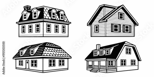 Four distinct house designs showcasing various architectural styles and features