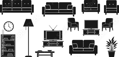 Collection of Living Room Furniture and Home Decor Silhouettes on White Background