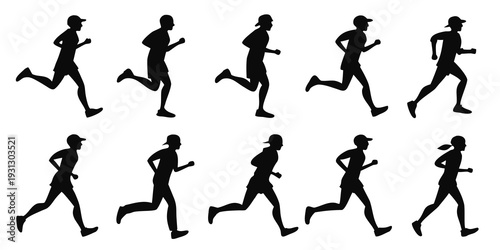 Silhouettes of people running in various dynamic poses
