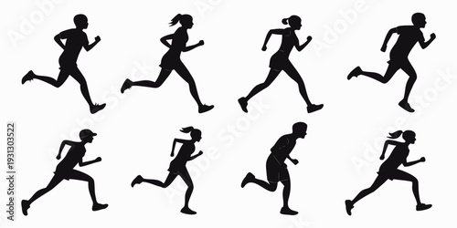 Diverse group of people running in a dynamic sequence of silhouettes