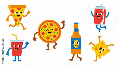 Cartoon Food and Drink Vector Characters | Pizza, Soda, Beer, Toast, Anthropomorphic Illustrations with Faces, Arms, Legs for Kids Media, Advertising, Stickers, Educational Creative Design Resources