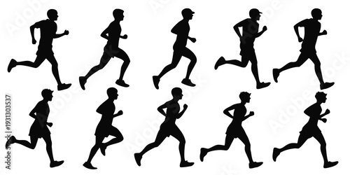 Silhouette of multiple runners in various dynamic poses and positions