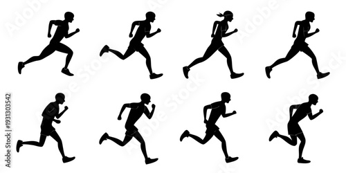 Silhouettes of people running in various stages of motion