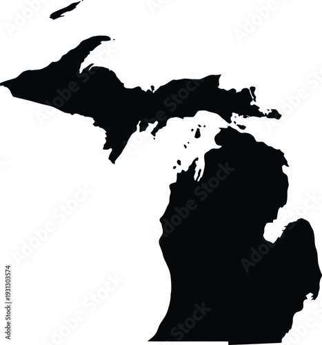 Black silhouette map of the state of michigan showing both upper and lower peninsulas on white.