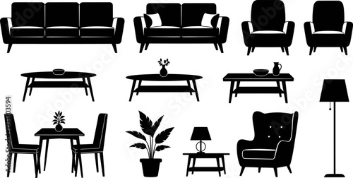 Modern home furniture and decor elements in black silhouette vector icons