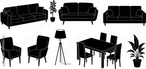Collection of Modern Home Furniture and Decor Silhouettes Vector Illustration Set