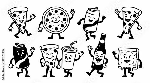 Cartoon Food and Drink Vector Characters | Pizza, Soda, Beer, Toast, Anthropomorphic Illustrations with Faces, Arms, Legs for Kids Media, Advertising, Stickers, Educational Creative Design Resources