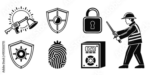 Illustration of security and protection symbols with a police officer