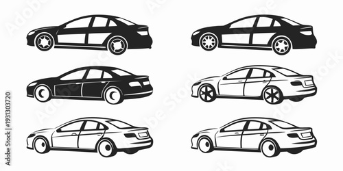 Eight different styles of cars in a row, showcasing various designs and models.