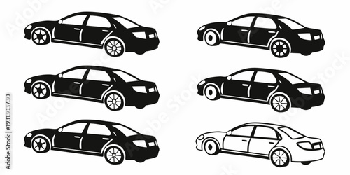 Six different types of cars illustrated in a simple line drawing style