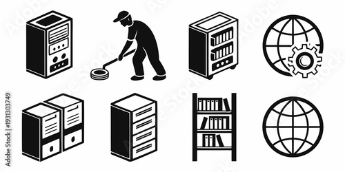 A collection of icons representing various aspects of information technology and data management
