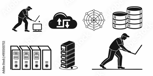 Illustration of a man working on a computer with various tech icons