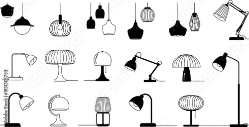 Diverse Collection of Modern and Classic Lamps and Light Fixtures Vector Illustration