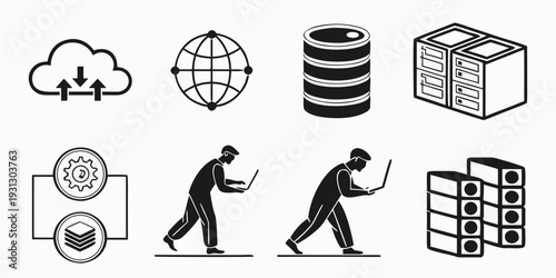 Illustration of various icons representing cloud computing and data storage concepts