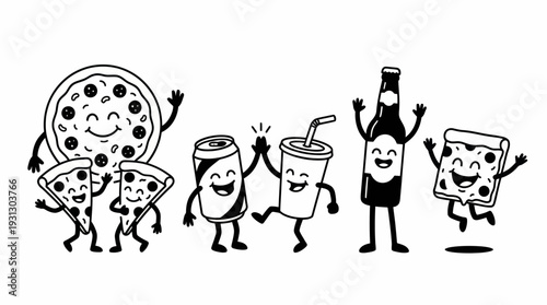 Cartoon Food and Drink Vector Characters | Pizza, Soda, Beer, Toast, Anthropomorphic Illustrations with Faces, Arms, Legs for Kids Media, Advertising, Stickers, Educational Creative Design Resources