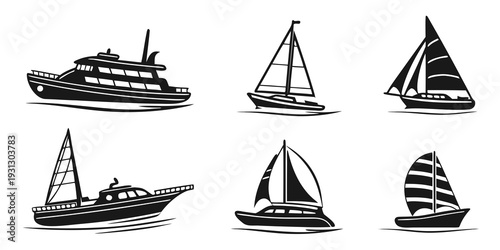 Assorted boats and ships sailing on calm waters in a variety of styles