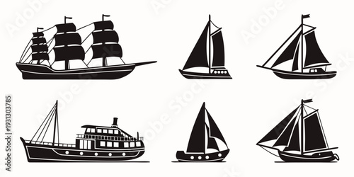 A collection of various types of ships and boats in black and white