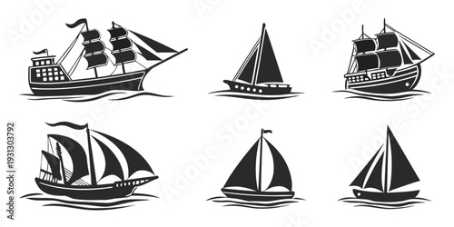 A collection of six different types of sailing ships and boats
