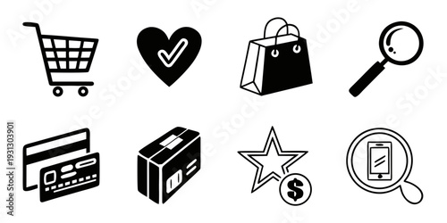A collection of icons representing various aspects of online shopping and commerce.
