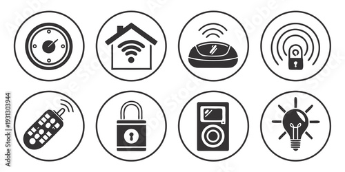 Icons representing various smart home and security system features and components.