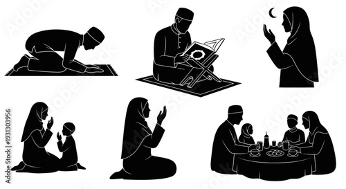 A collection of silhouette illustrations depicting diverse aspects of Muslim daily life, including prayer, Quran reading, supplication, and family Iftar moments in a black and white graphic style