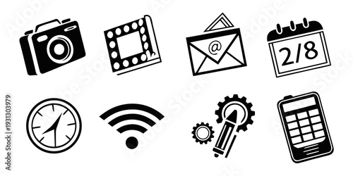 Collection of icons representing various communication and technology symbols