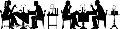 Elegant Restaurant Dining Scene with People Silhouettes Enjoying Drinks and Meals