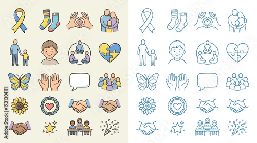 Collection of icons representing support, community, family, and awareness, presented in both color and outline styles.