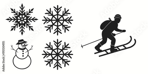 Winter scene with snowflakes, a snowman, and a skier