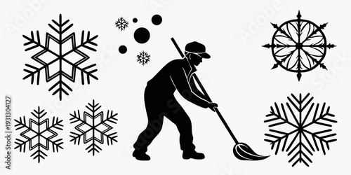 A person shoveling snow in a winter scene with various snowflake designs.