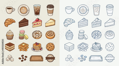 A collection of colorful and monochrome illustrations of various sweet pastries, cakes, cookies, and coffee drinks, presented in a grid format.
