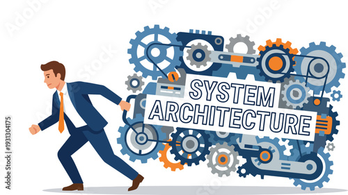 Corporate Developer Discussing System Architecture with Gears and Coding Elements