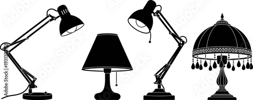 Collection of various black silhouette lamps, including desk and decorative table lights, vector illustration