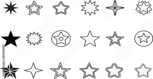 Collection of minimalist star icons and shapes, black and white vector star symbols for rating and decoration.