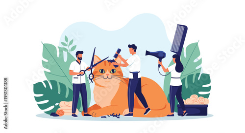 Pet grooming service concept featuring professional groomers working together to trim and style a very large ginger cat.