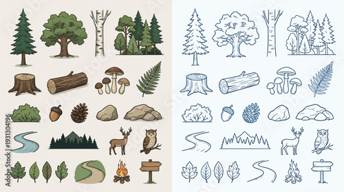 Collection of hand-drawn forest elements, including trees, mushrooms, animals, and natural scenery, presented in both color and line art.
