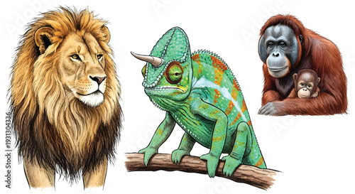 A cute cartoon illustration of a wild lion and lioness alongside a funny lion with big horns as isolated vector art of sitting mammals on white