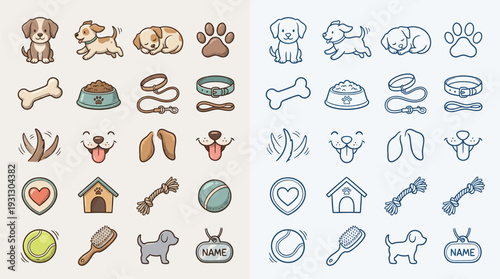 Collection of cute cartoon dog icons and illustrations, featuring various poses, accessories, and dog-related items in two distinct color palettes.