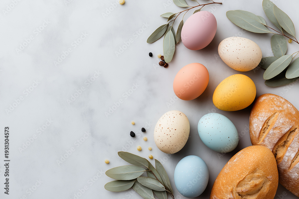 Fototapeta premium Colorful Easter eggs and fresh bread arranged beautifully in a spring atmosphere Generative AI