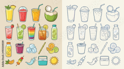 Collection of colorful and outline illustrations of various refreshing beverages and summer-themed elements, perfect for design projects.