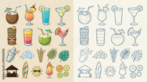 A vibrant collection of tropical drinks, tiki bar elements, and beach-themed icons, presented in both full color and line art.