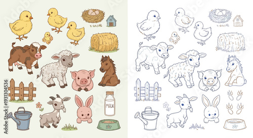 Collection of cute farm animals and related items in both full color and outline versions, perfect for children's illustrations and educational materials.