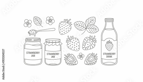 Strawberry Vector Collection | Jam, Drink, Fruit, Leaves, Flowers, Food Illustrations for Packaging, Labels, Coloring Pages, Digital Art, Kitchen Decor, Educational Materials, Creative Design Resource