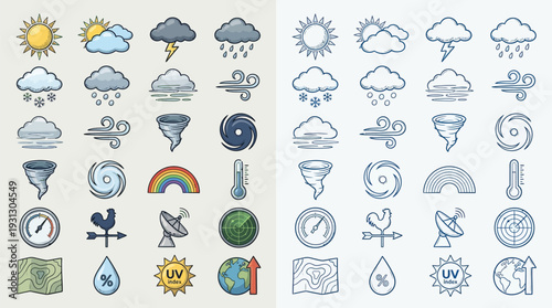A collection of colorful and monochrome weather icons depicting various meteorological phenomena and forecasting tools.