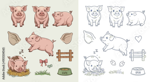 Collection of cute cartoon pigs in various poses and elements, including a fence, food bowl, and bow, presented in both color and outline versions.